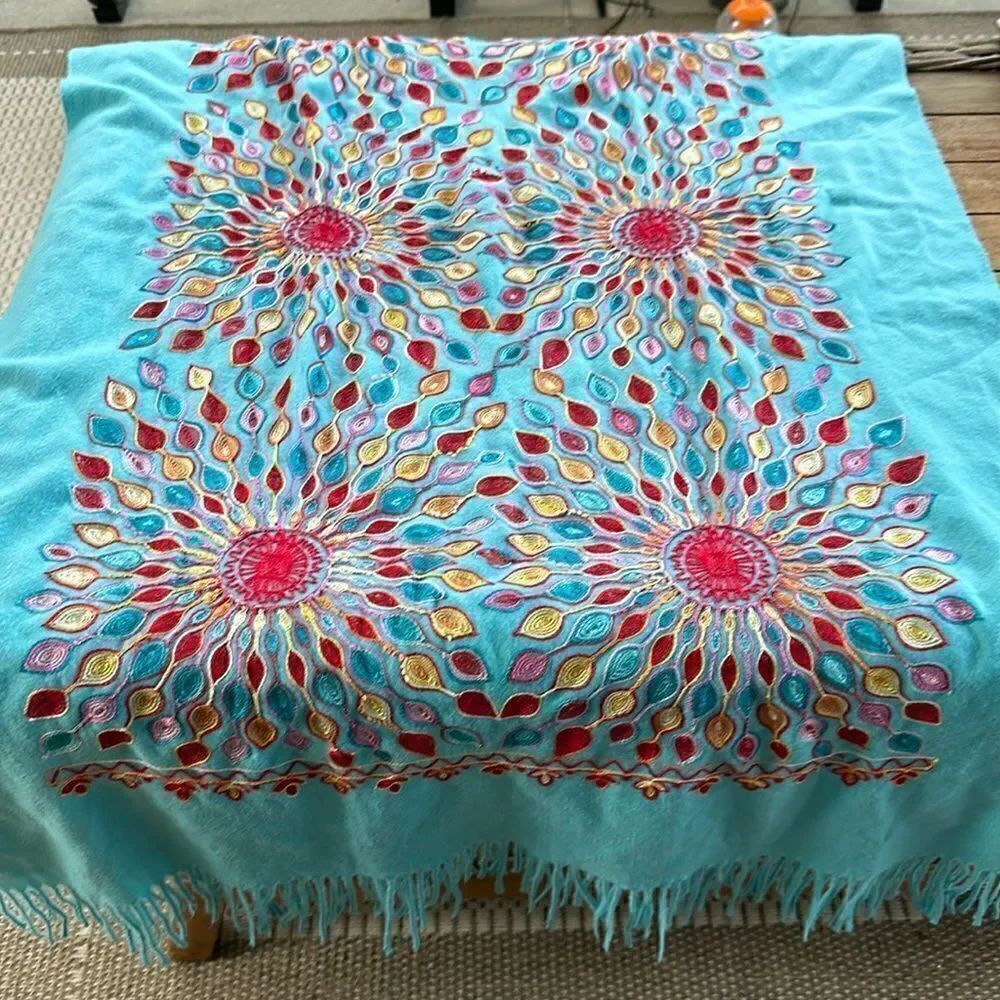 Embroidered large Vintage Paisley Cashmere Wool Soft Shawl Scarf